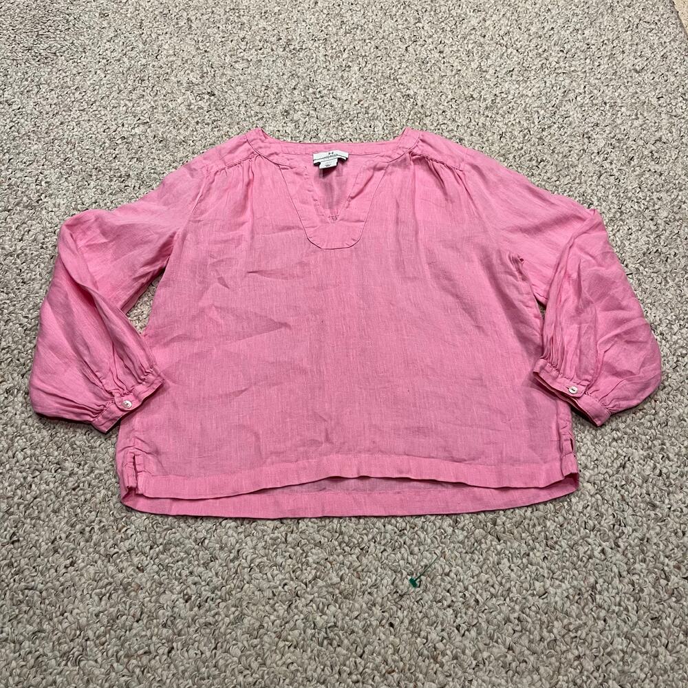 Halston 100% Linen Popover Blouse Sz S Pink Coastal Peasant Casual Puff Sleeve